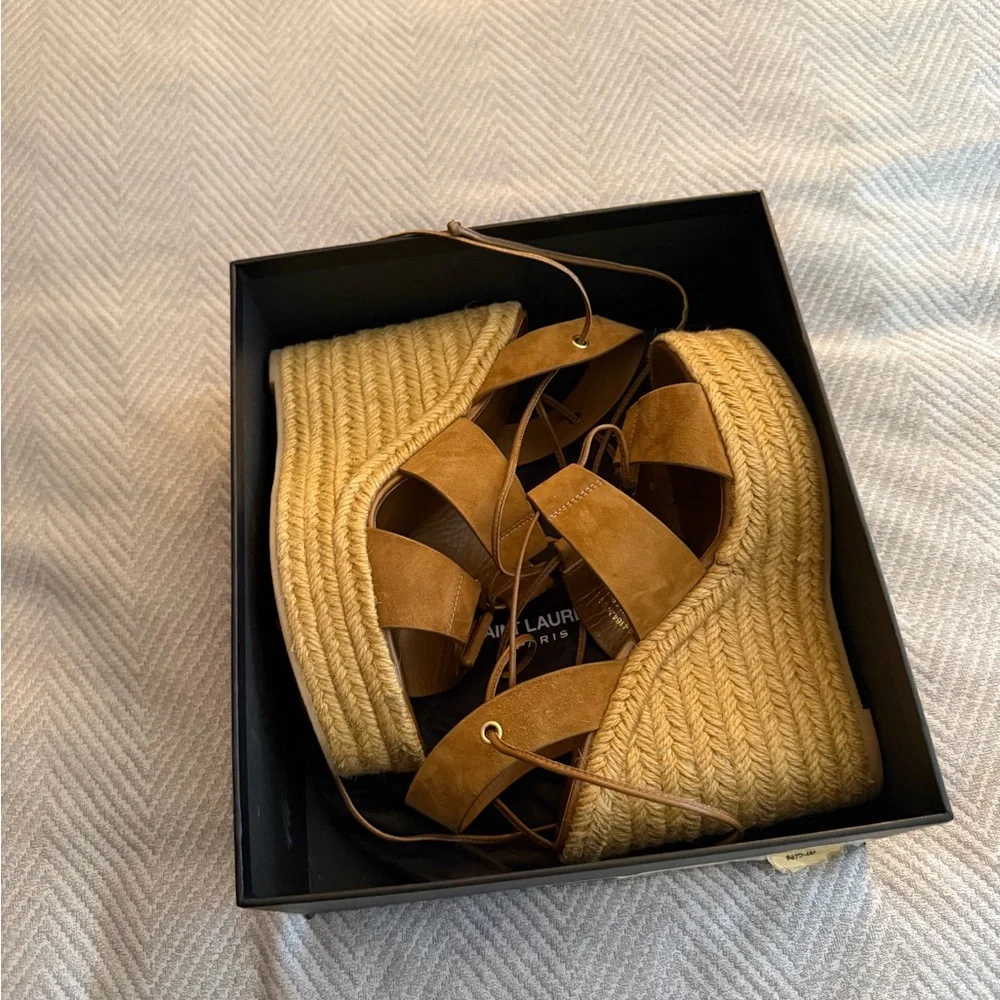 Saint Laurent Tan Suede Espadrille Wedge Sandals with Ankle Wraps